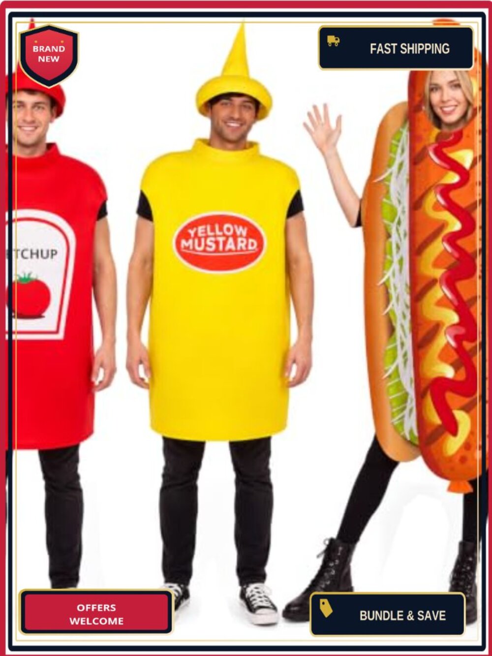 Adult Hot Dog Costume Set 3 Pcs Sponge Polyester Pullover Halloween Party